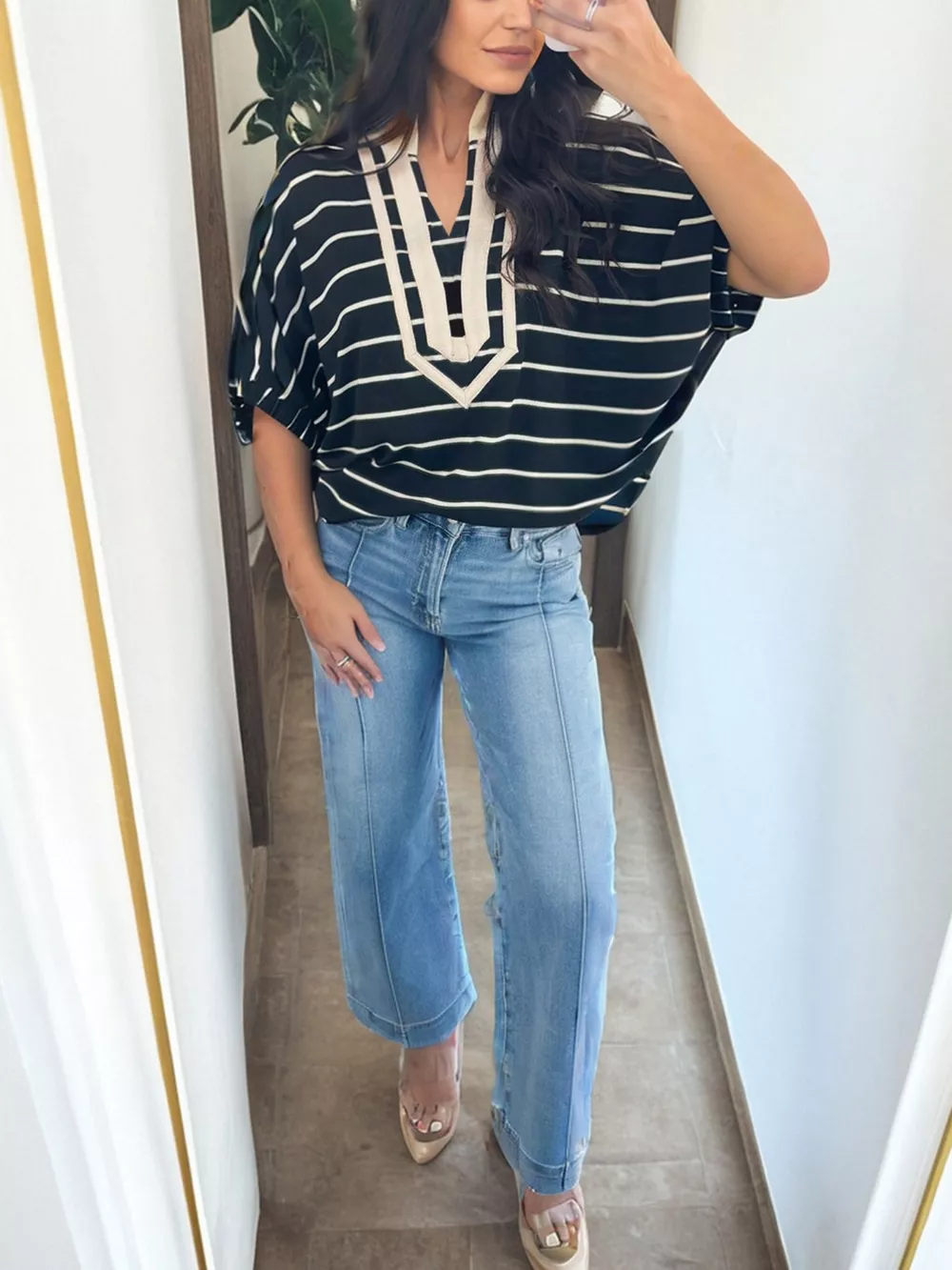 Stripe Stand Collar V Neck Elastic Cuffs Half Sleeve Dolman Top, image 3