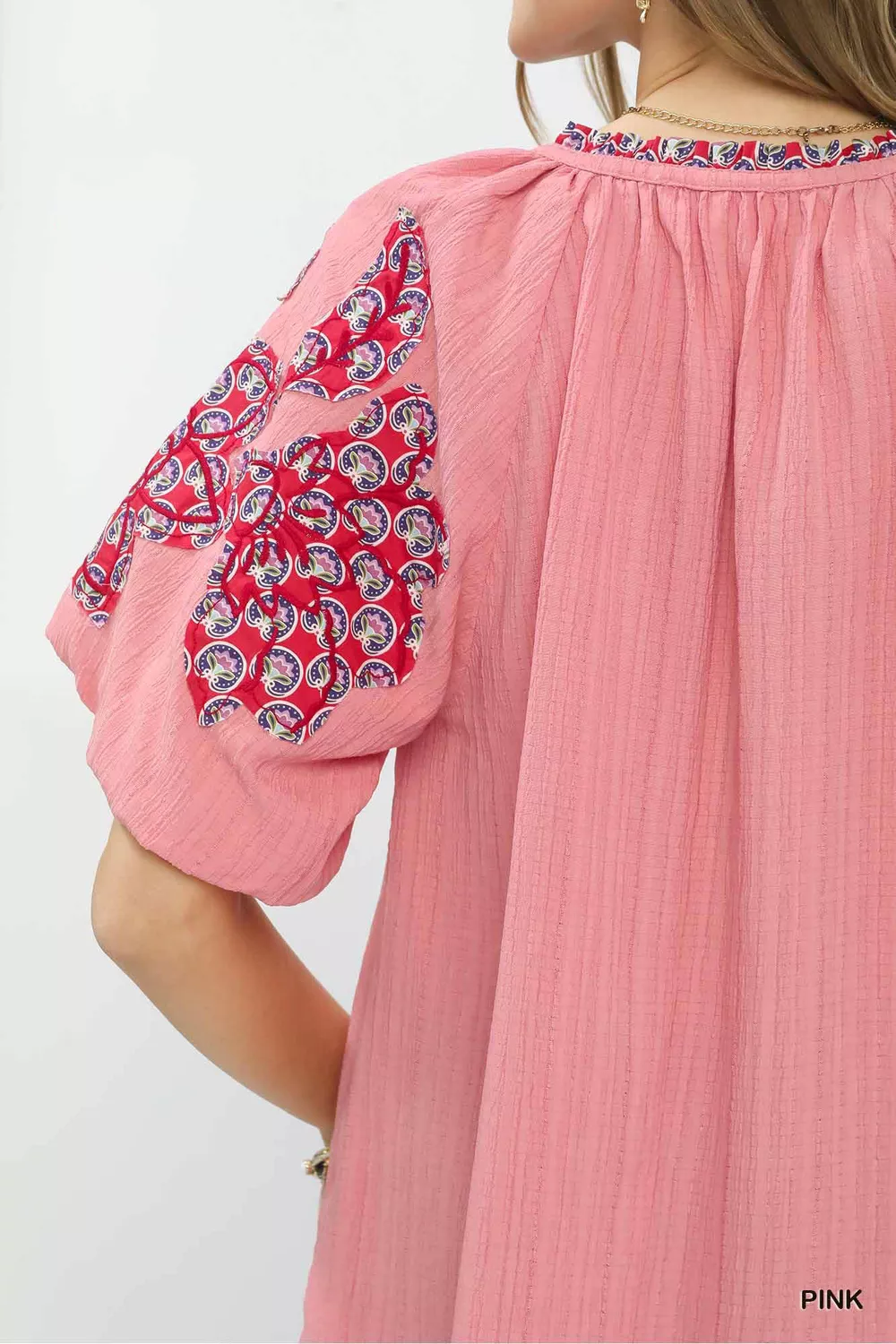 Embroidered Sleeve Contrast Trim Top, image 2