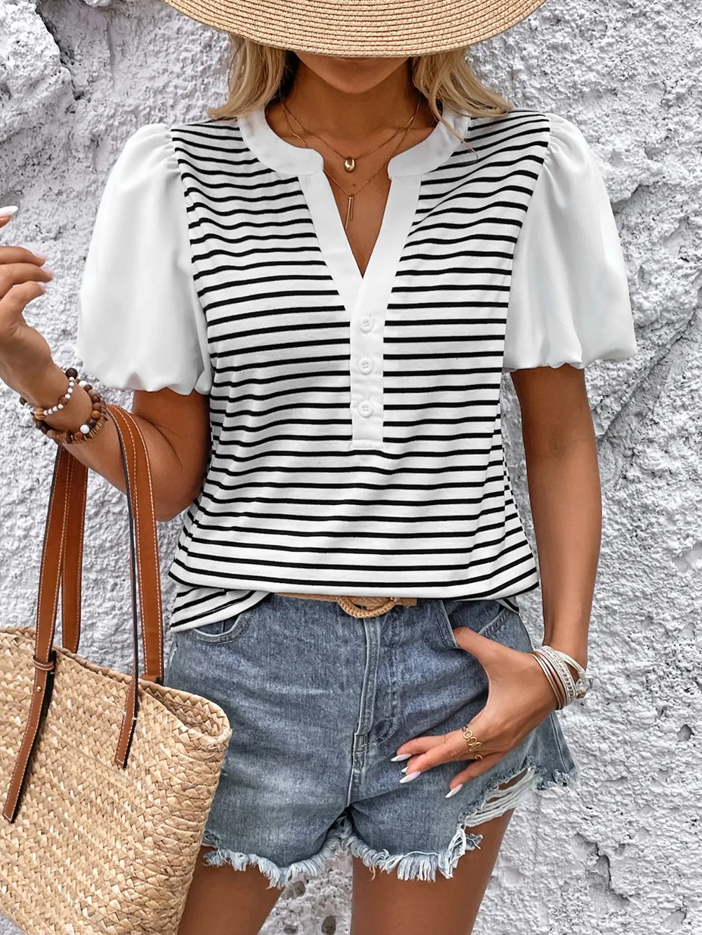Striped Notched Short Sleeve T-Shirt, image 5