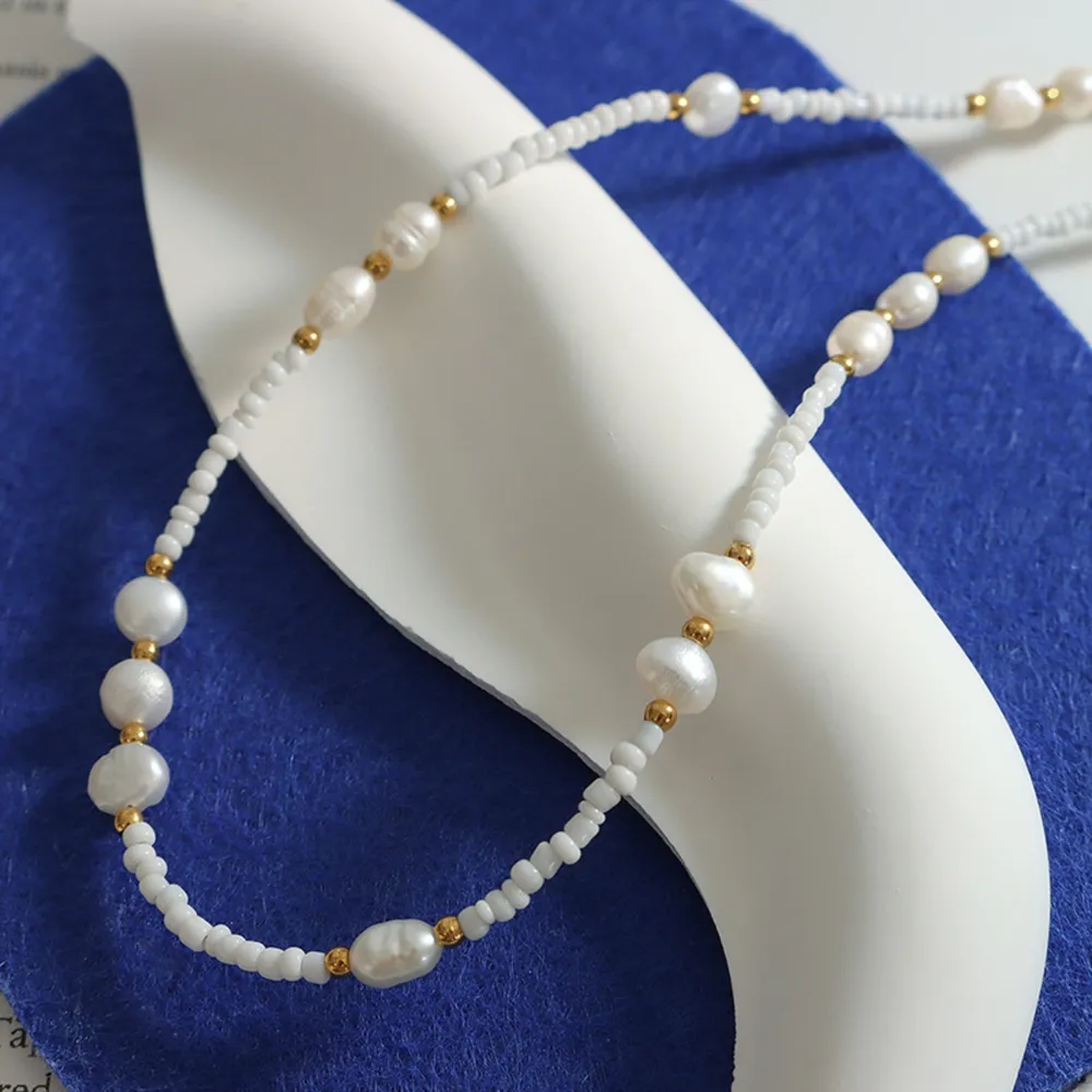 Titanium Steel Glass Bead Pearl Necklace, image 4