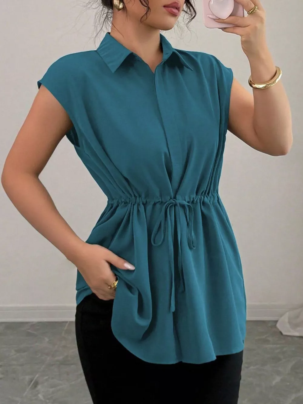 Drawstring Waist Cap Sleeve Shirt, image 8