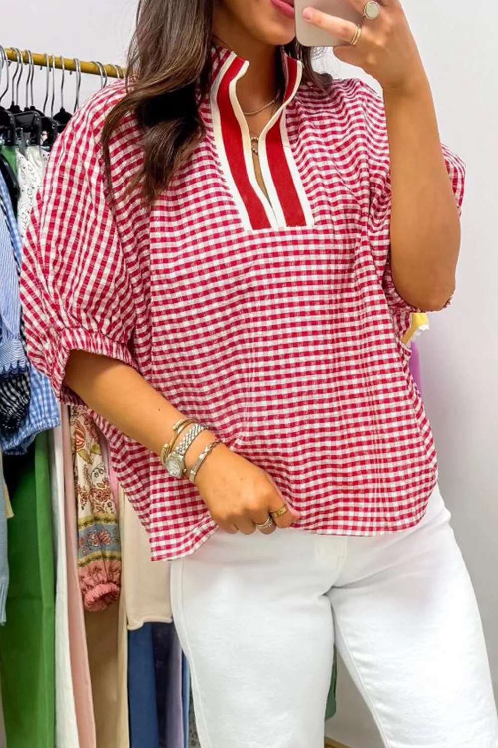 Gingham Half Sleeve Blouse, image 5