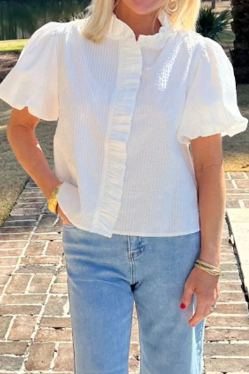 Striped Ruffle Short Bubble Sleeve Shirt, image 3