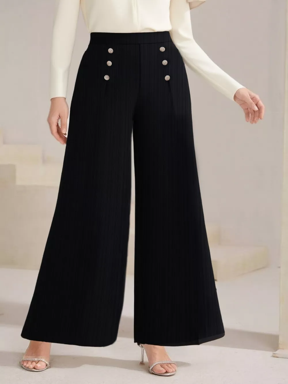 Plus Size High Waist Wide Leg Button Decor Pants, image 2