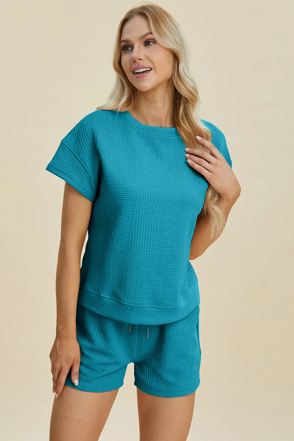 Full Size Texture Short Sleeve Top and Shorts Set, image 7