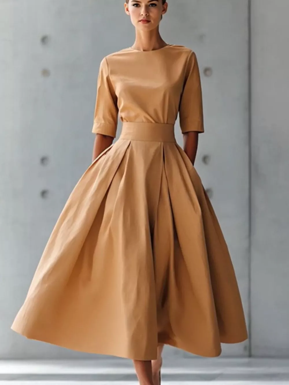 Round Neck A-Line Midi Dress, image 2