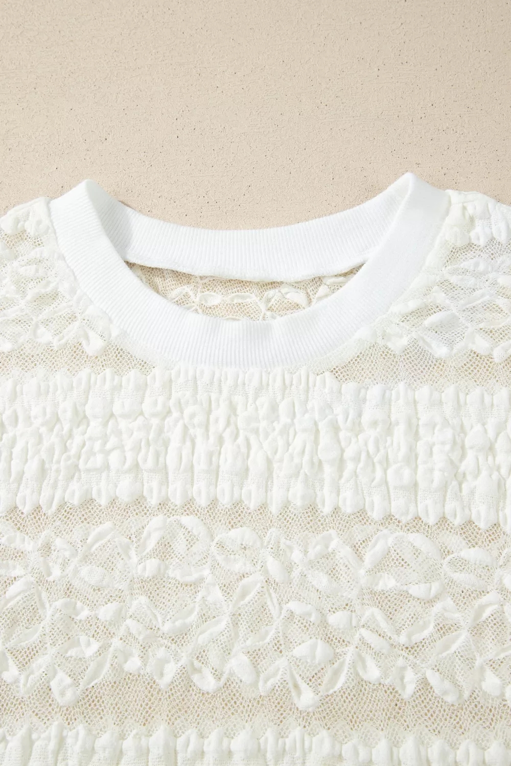 Sheer Lace Textured Patchwork Short Sleeve Top, image 5