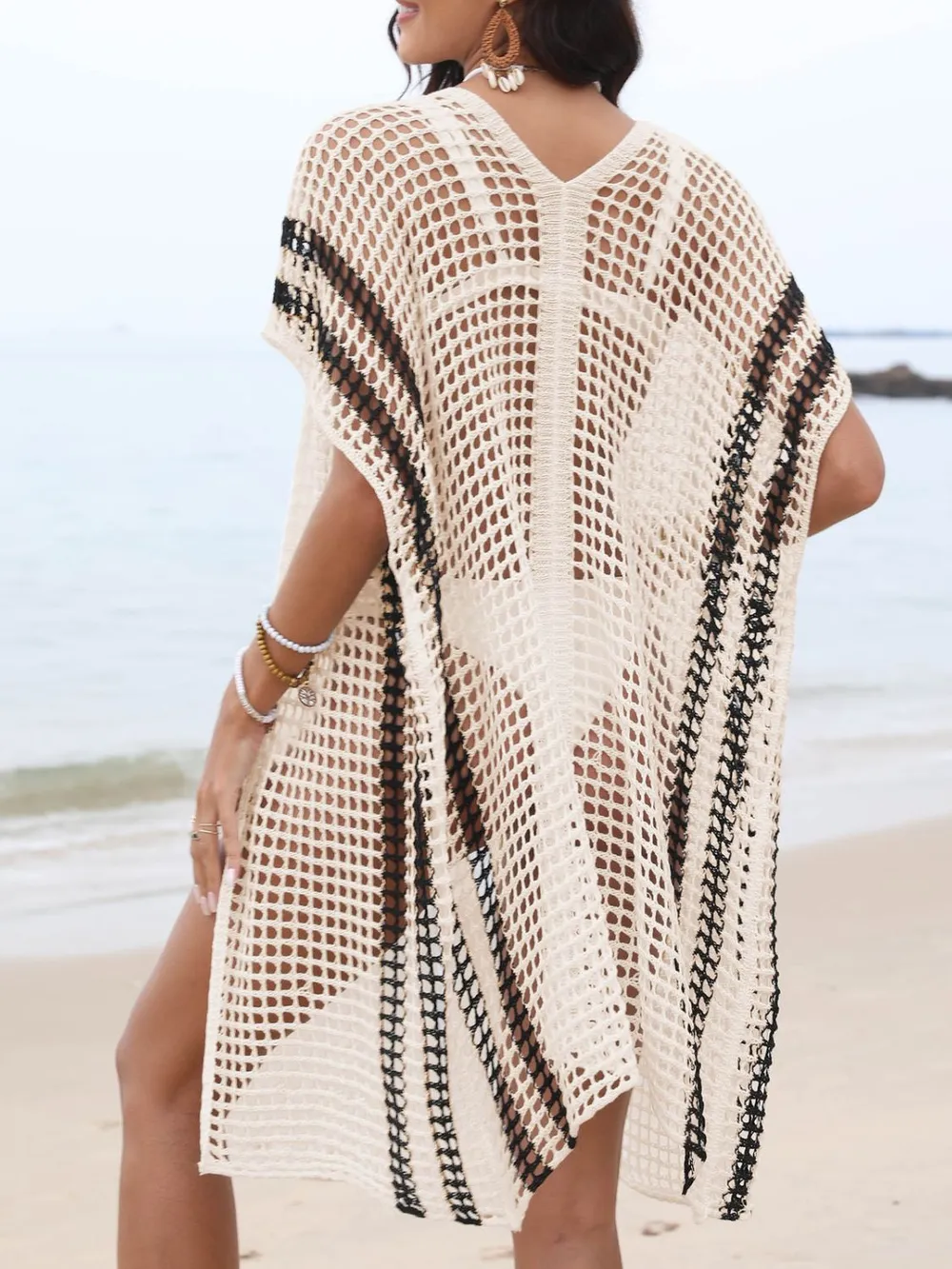 Open Front Contrast Openwork Cover-Up, image 4