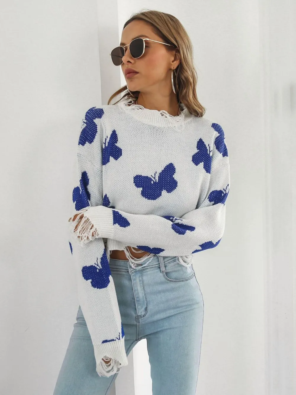 Distressed Butterfly Cropped Sweater, image 7