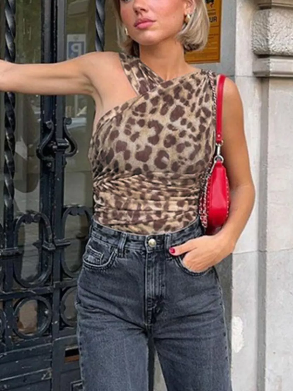 Asymmetrical Neck Leopard Bodysuit, image 3