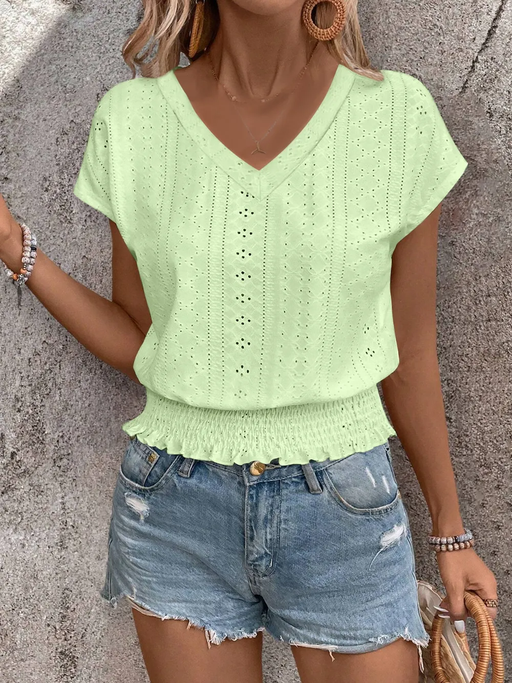 Eyelet V-Neck Short Sleeve Blouse, image 3