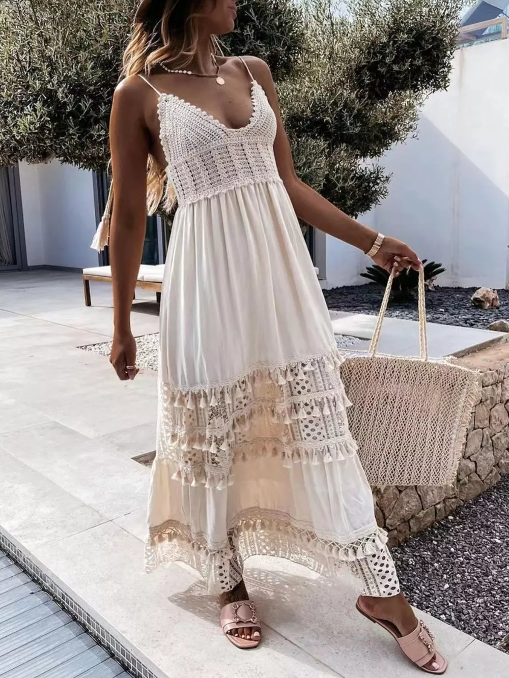 Full Size Bohemian Crochet Trimmed Cami Dress with Tassel Trim Plus Size, image 3