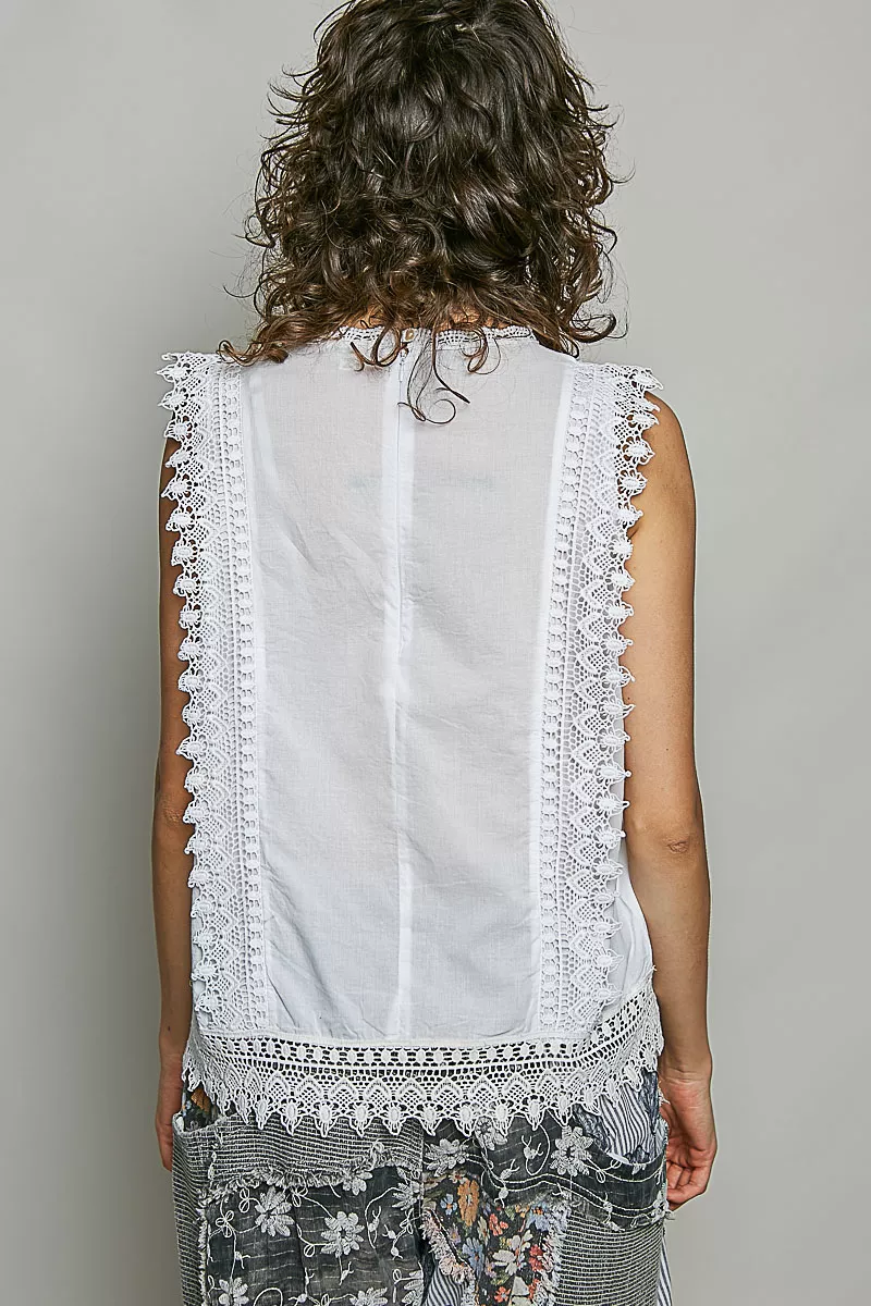 POL Allover Botanical Embroidered Scalloped Lace Sleeveless Top, image 3