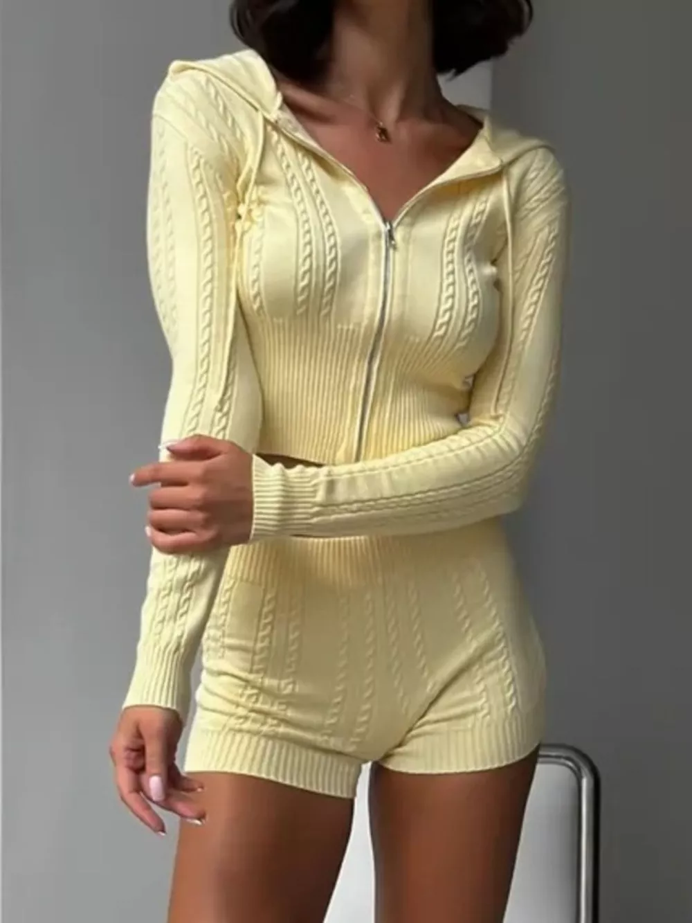 Cable Knit Zip-Up Hooded Top and Shorts Lounge Set, image 6