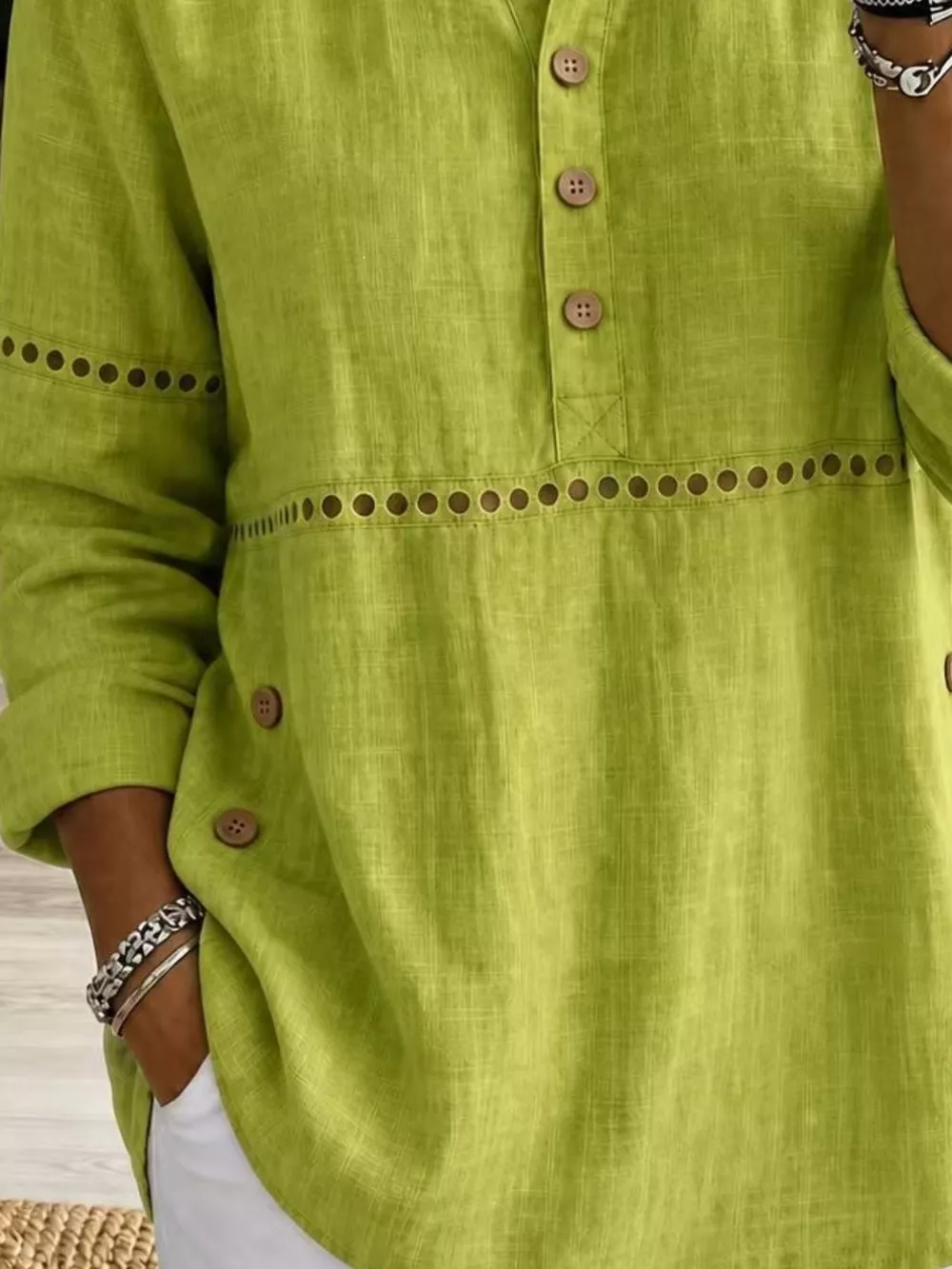 Full Size Button Detail Eyelet Long Sleeve Blouse Plus Size, image 24