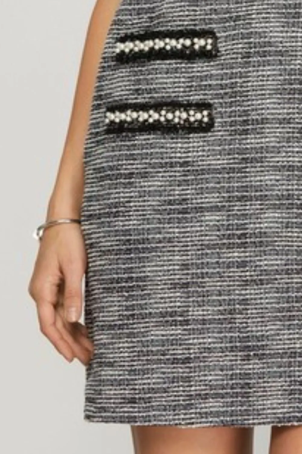 Full Size Short Sleeve Pearl Studded Trim Knit Tweed Dress Plus Size, image 3