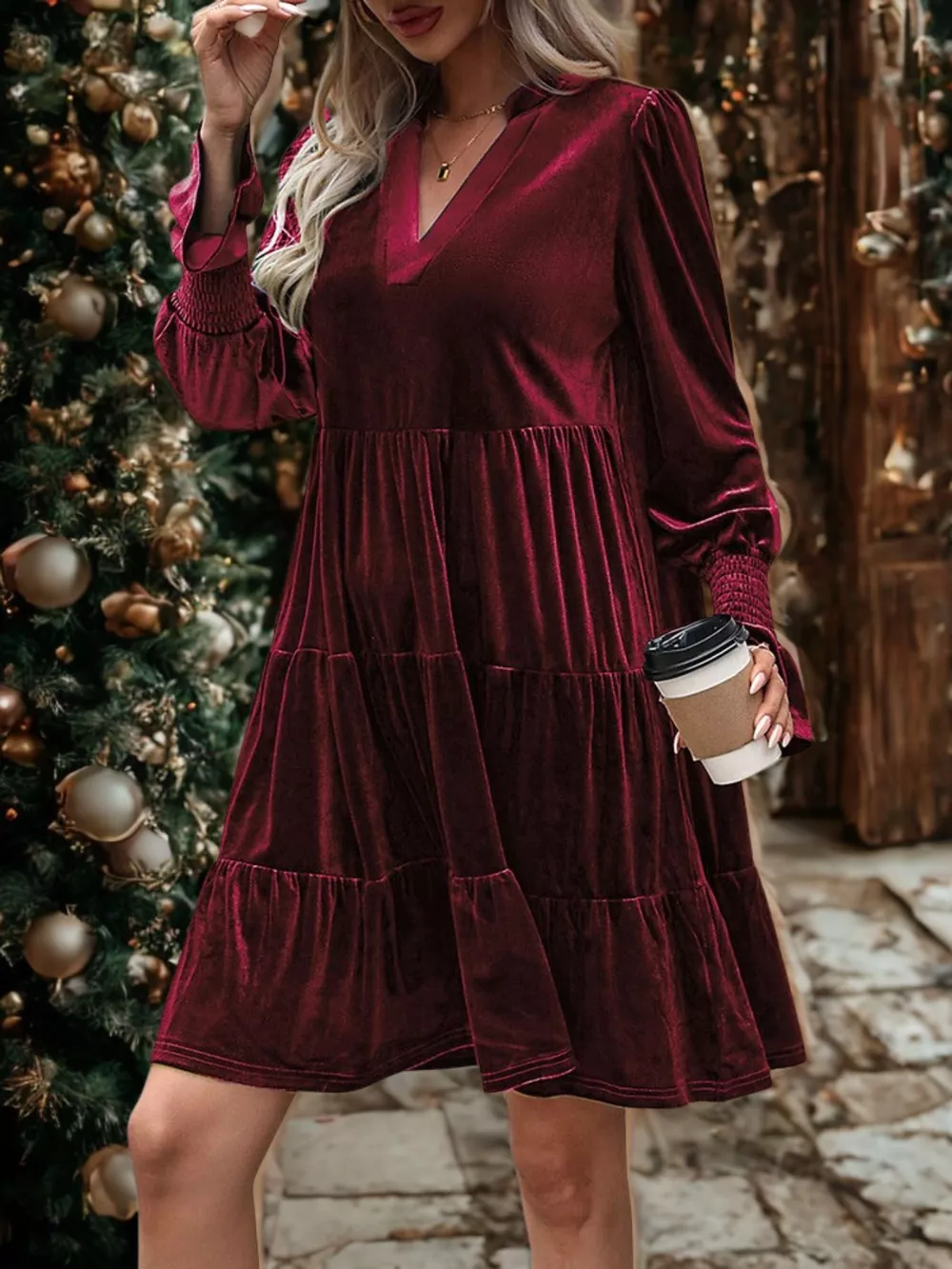 Velvet Tiered Notched Mini Dress, image 7