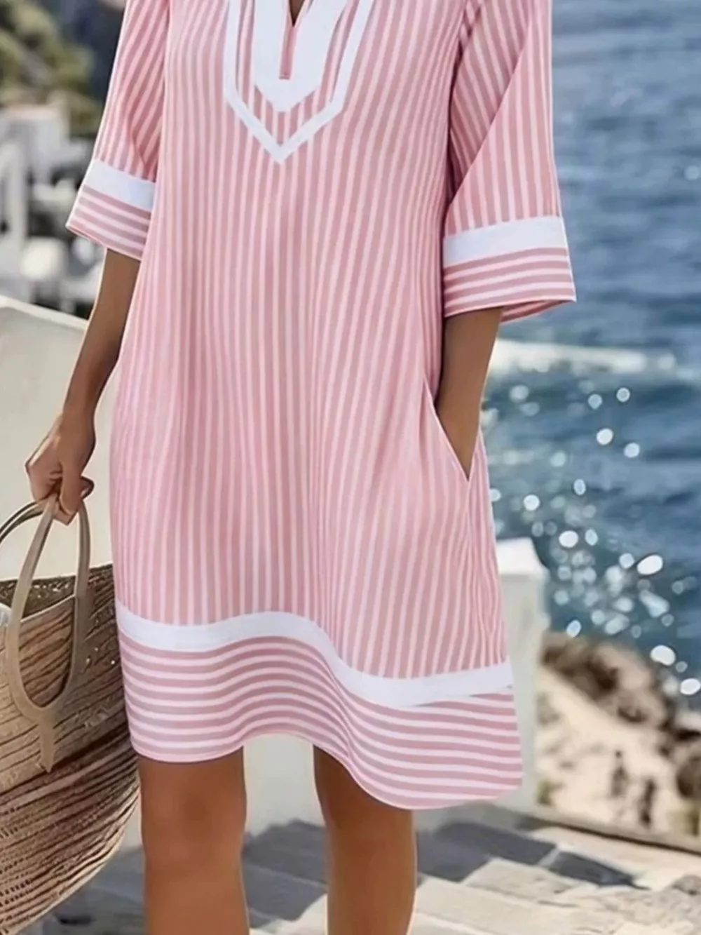 Full Size Striped V-Neck Casual Dress Plus Size, image 5