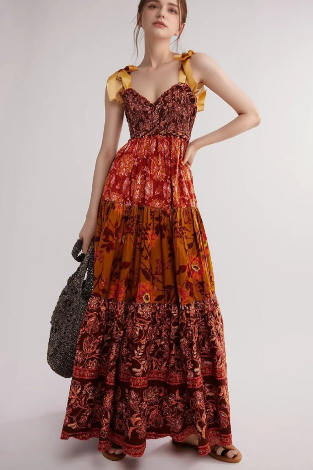 Floral Tiered Maxi Dress with Mixed Print Design, image 11