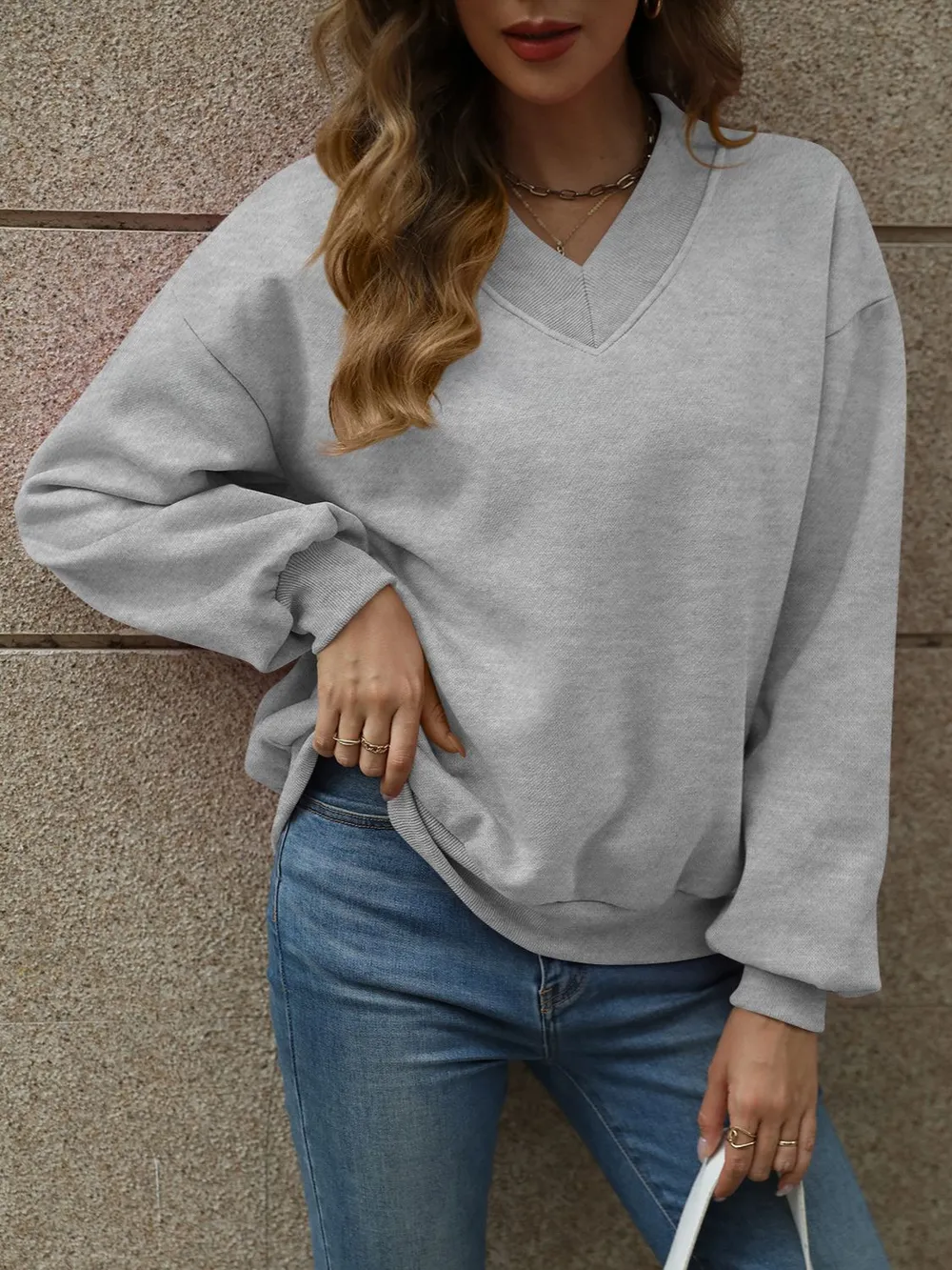 V-Neck Long Sleeve Dropped Shoulder Sweatshirt, image 7