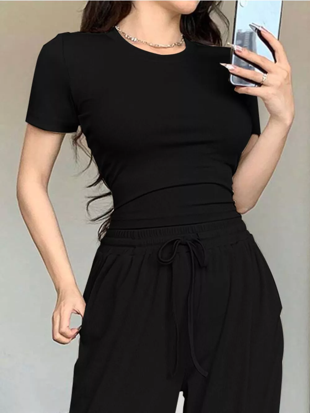 Solid Color Short Sleeve Crop Top and Wide Leg Pants Set, image 11
