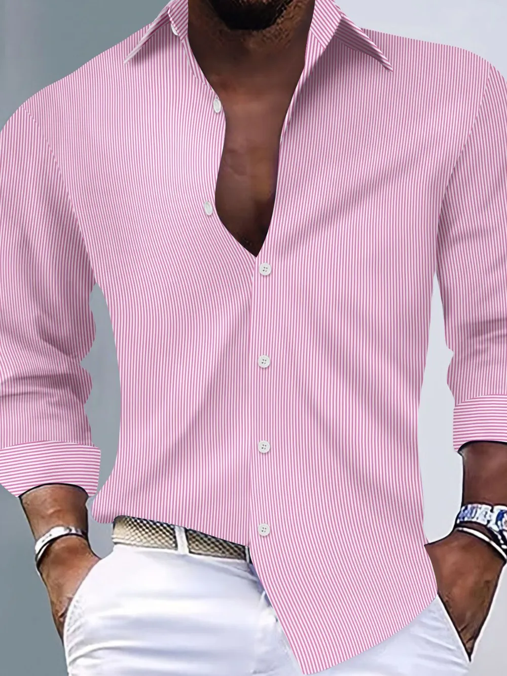 Men's Full Size Striped Button Up Long Sleeve Shirt Plus Size, image 6