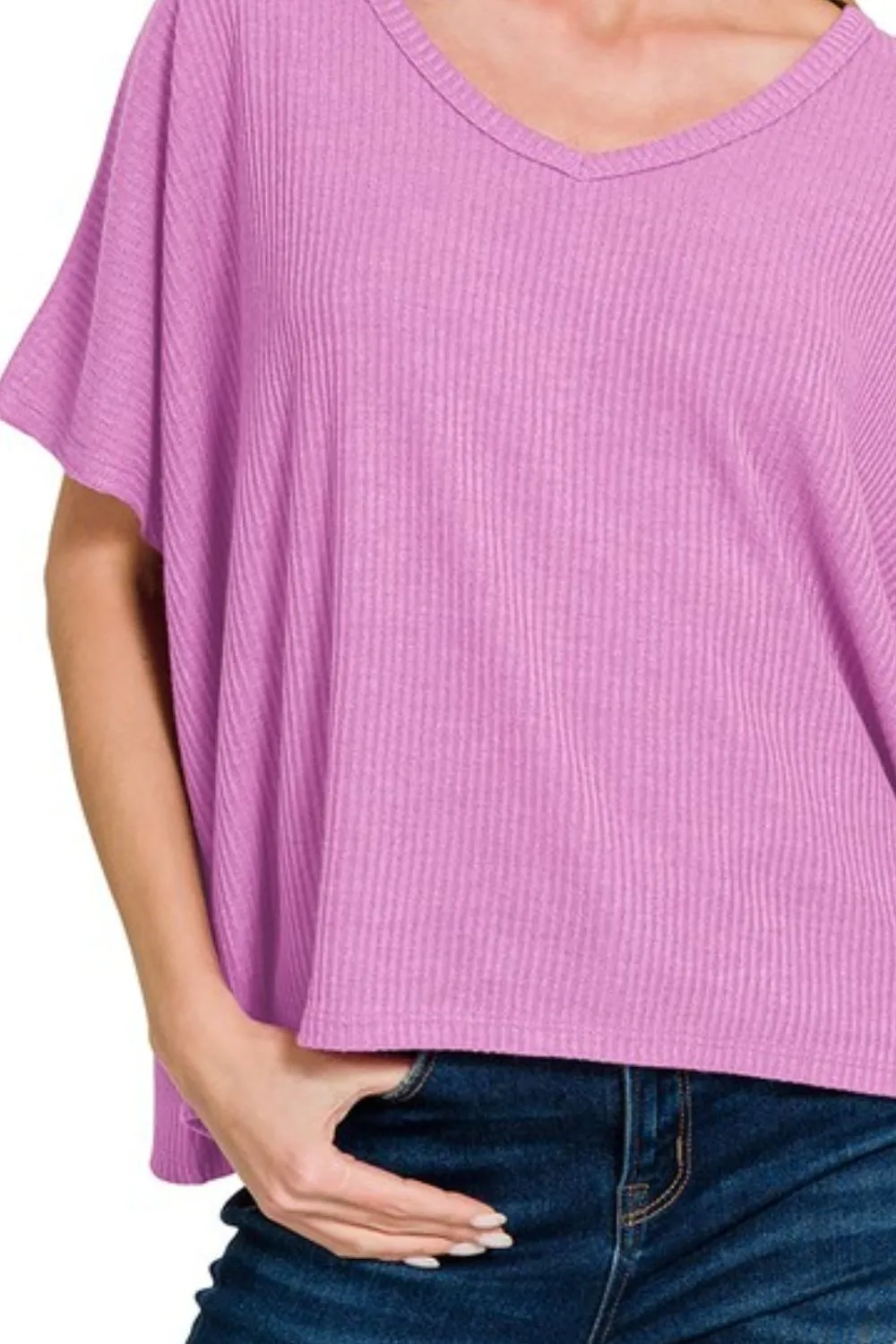 Ribbed V-Neck Short-Sleeve Knit Top, image 3