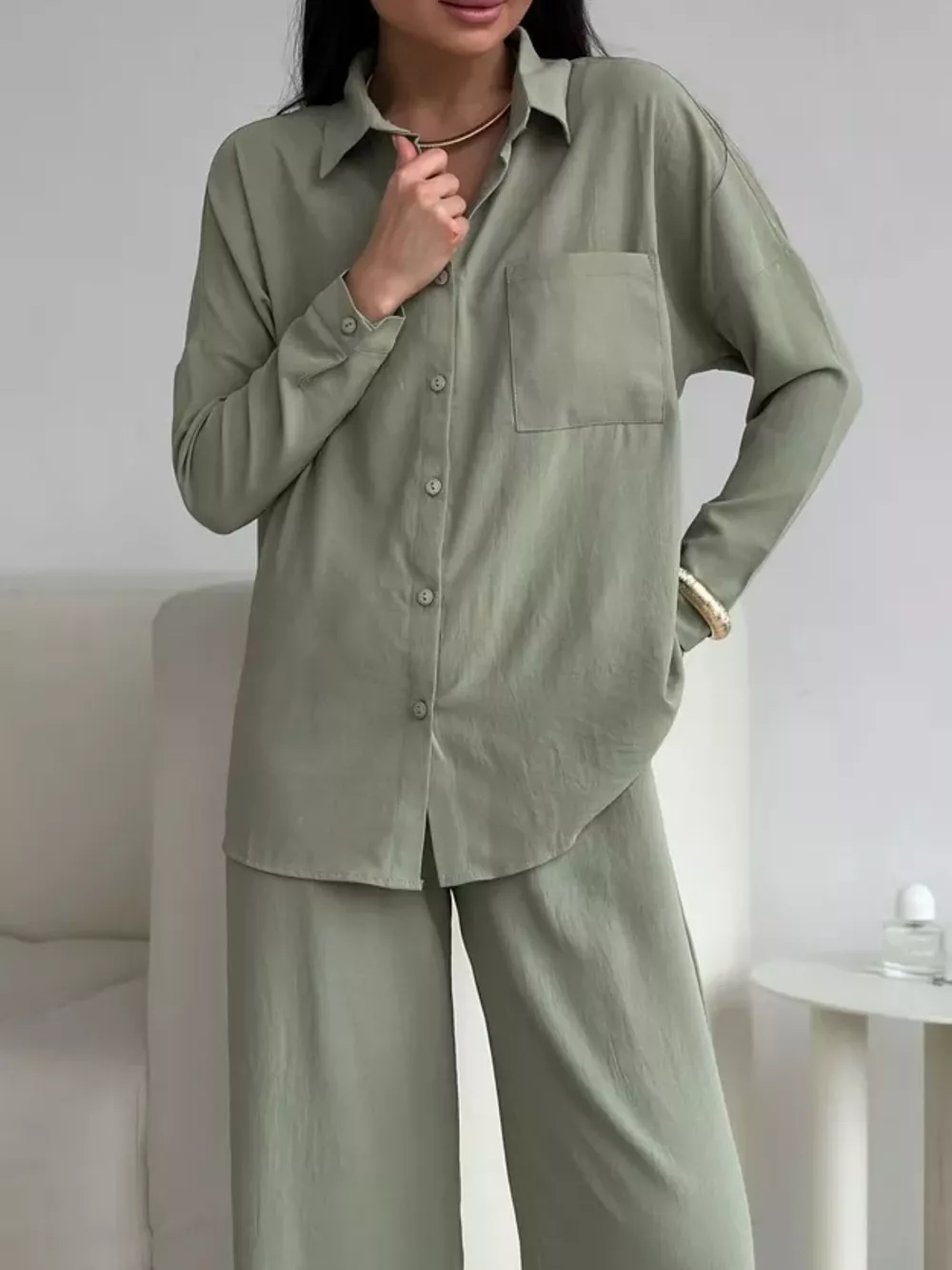 Relaxed Fit Shirt and Wide Leg Pants Set, image 6