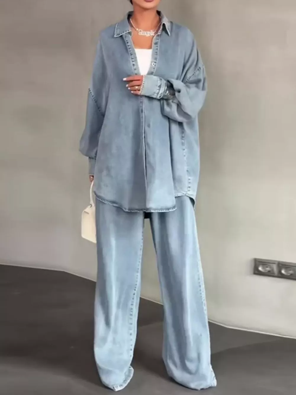 Wash Button Up Shirt and Wide-Leg Pants Denim Set