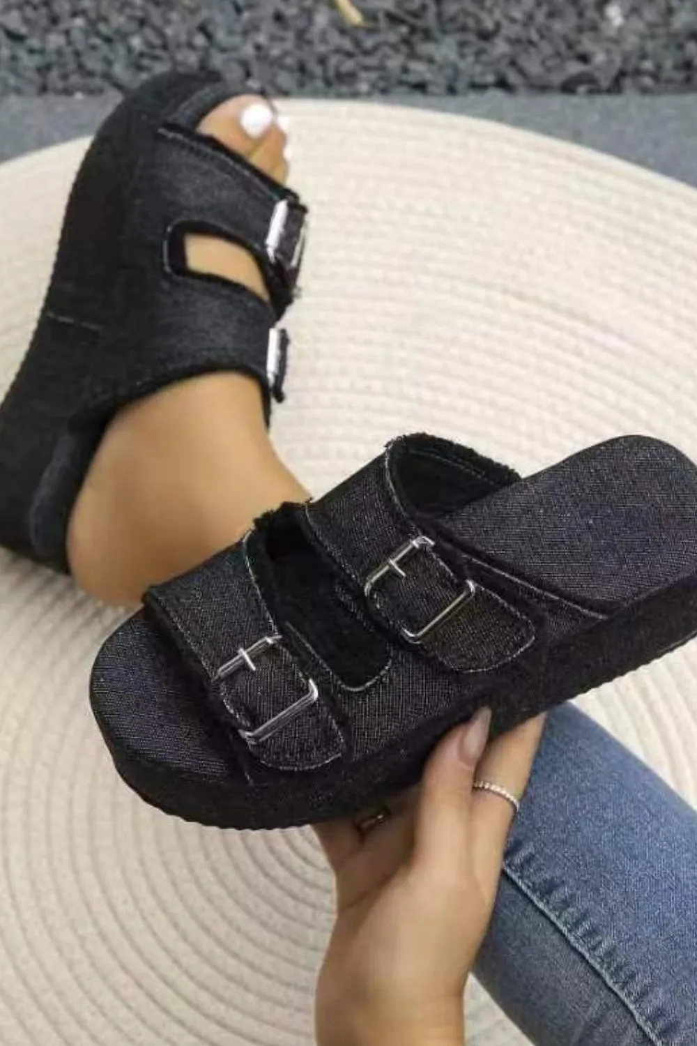 Raw Hem Wedge Buckle Sandals, image 3