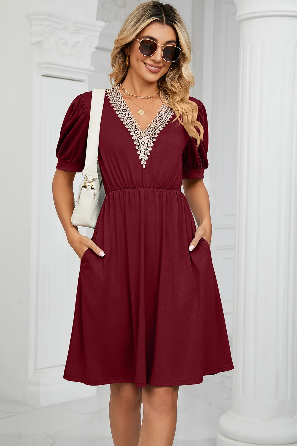 V-Neck Puff Sleeve Dress, image 5