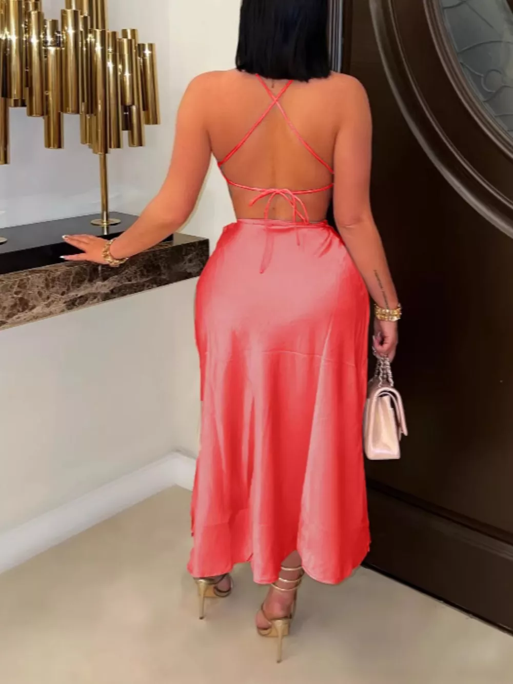 Satin Halter Neck Crop Top and Wrap Skirt Set, image 4