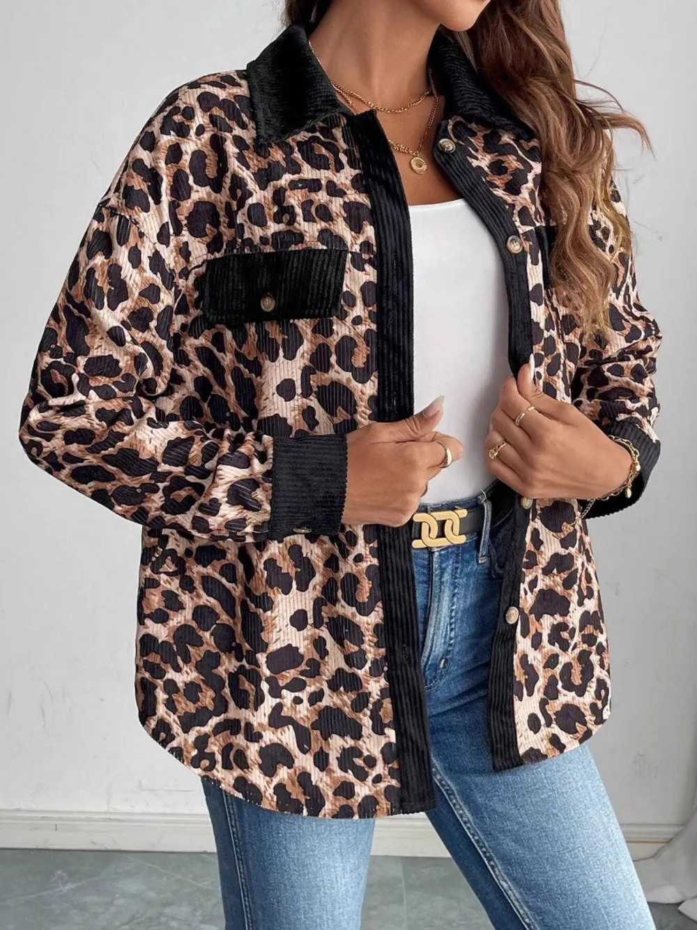 Leopard Collared Neck Button Up Shacket, image 4