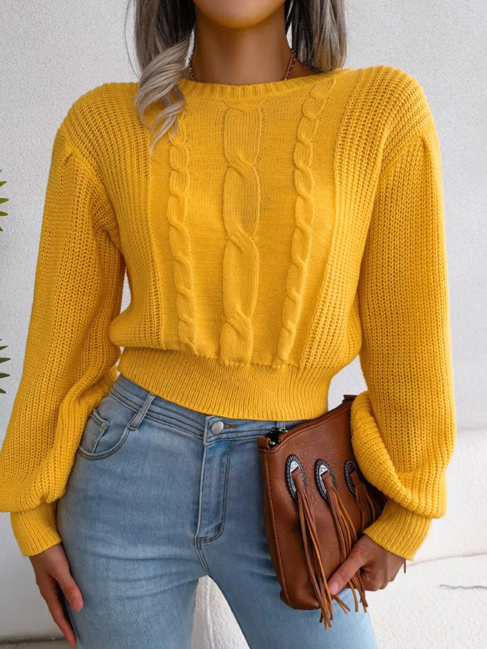 Cable Knit Round Neck Cropped Sweater, image 5