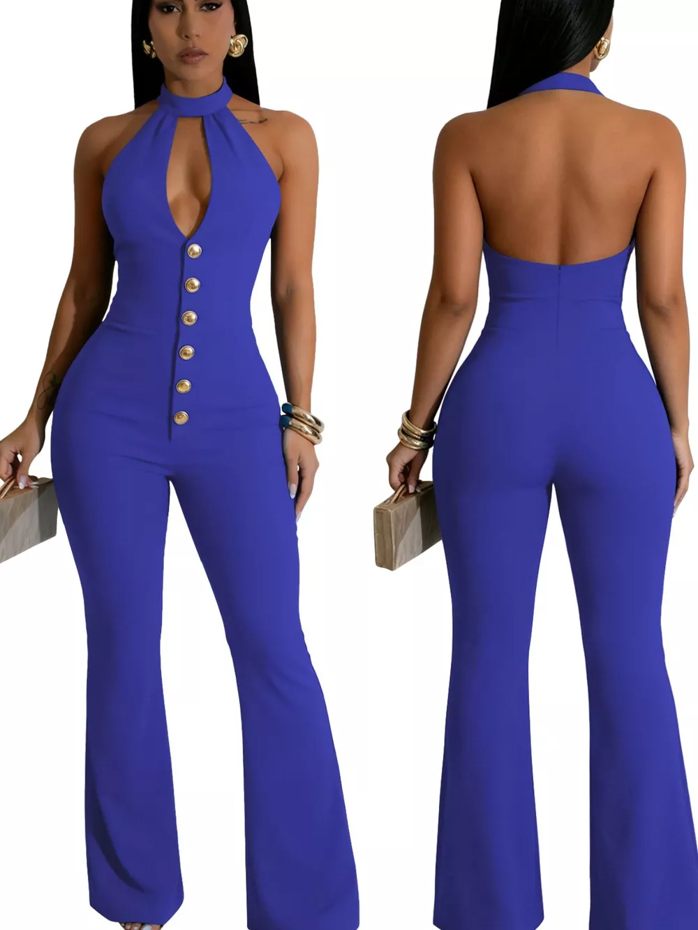 Halter Neck Cut-Out Flare Jumpsuit with Button Detail, image 3
