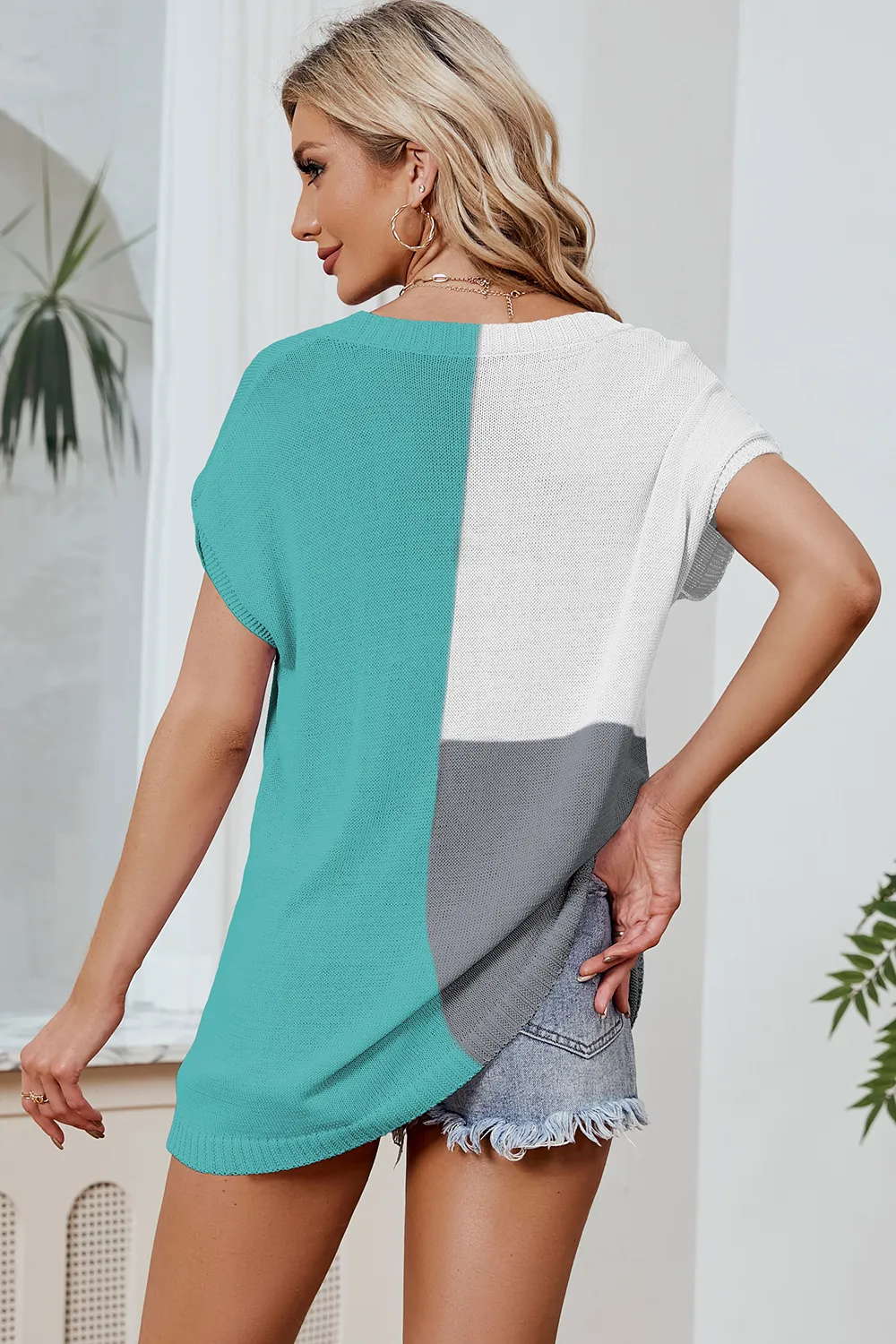 Color Block V-Neck Short Sleeve Knit Top, image 4