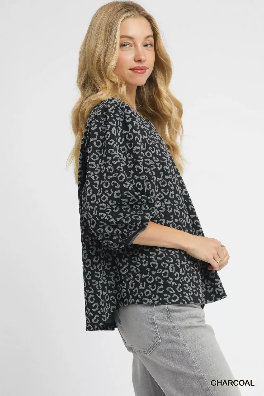 Leopard Print Jacquard Blouse with Puff Sleeves, image 2