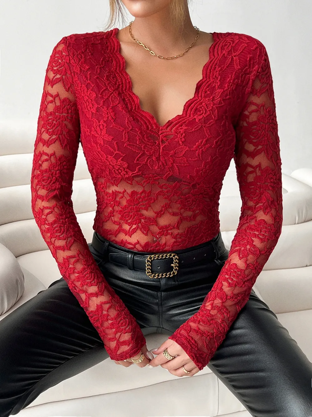 V-Neck Long Sleeve Lace Top, image 9