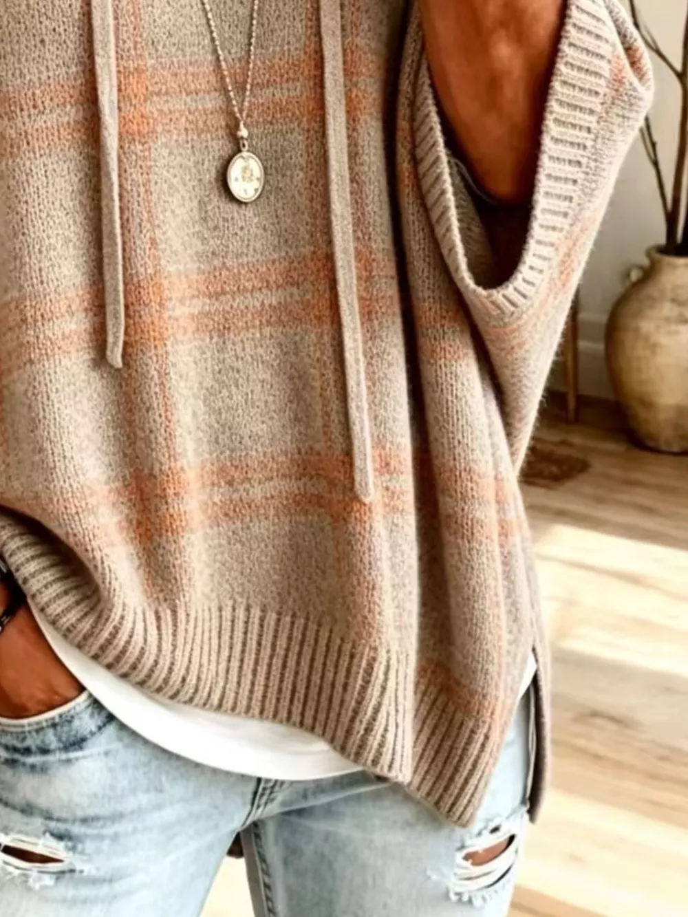 Plaid Hooded Knit Sweater, image 14