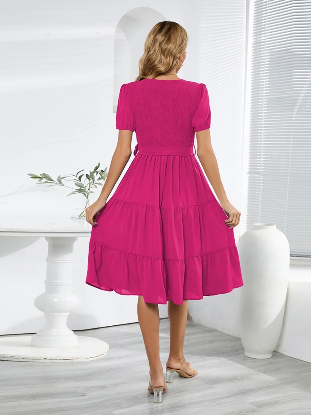 Smocked Tie Front Short Sleeve Tiered Dress, image 32