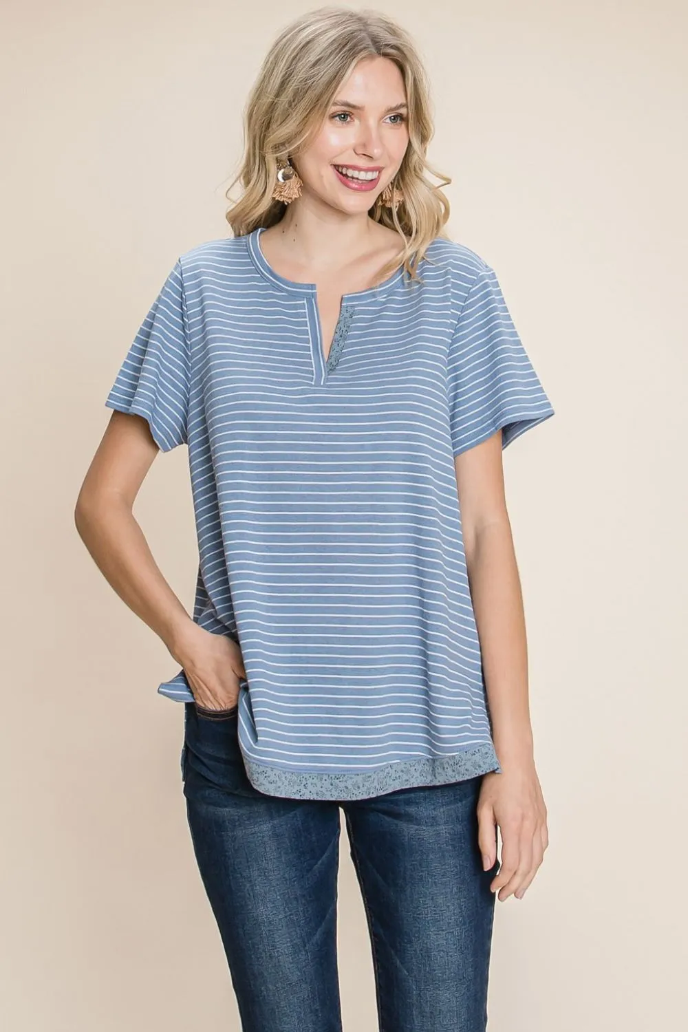 Cotton Bleu by Nu Lab Slit Striped Notched Short Sleeve T-Shirt, image 4