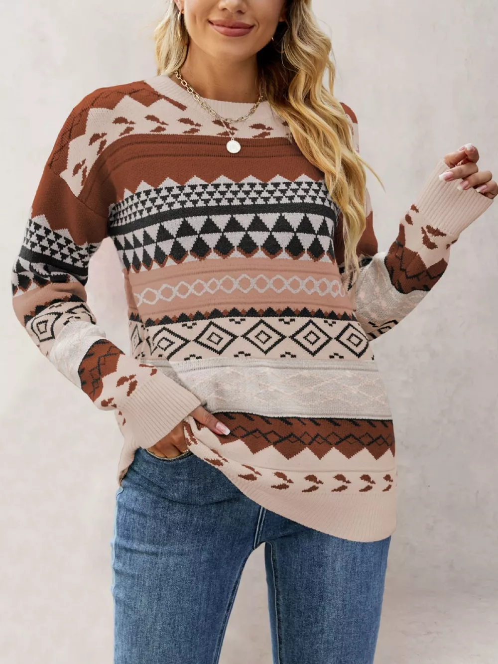 Geometric Pattern Dropped Shoulder Sweater, image 2