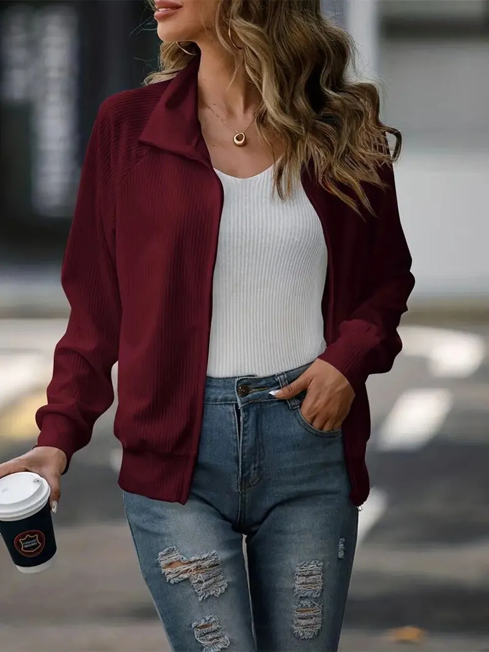 Zip Up Collared Neck Raglan Sleeve Jacket, image 14