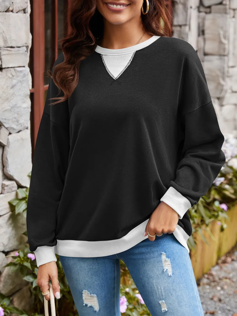 Contrast Round Neck Long Sleeve Sweatshirt, image 14
