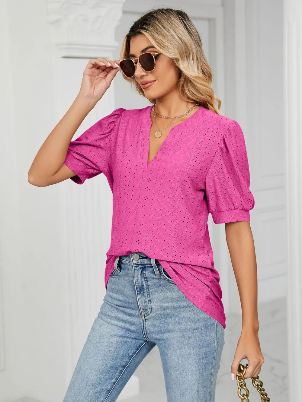 Eyelet Notched Short Sleeve T-Shirt, image 4