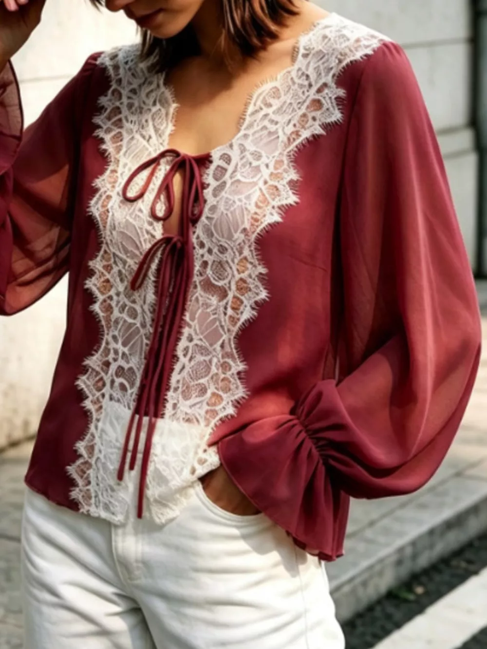 Sheer Lace-Trimmed Front Tie Blouse, image 13