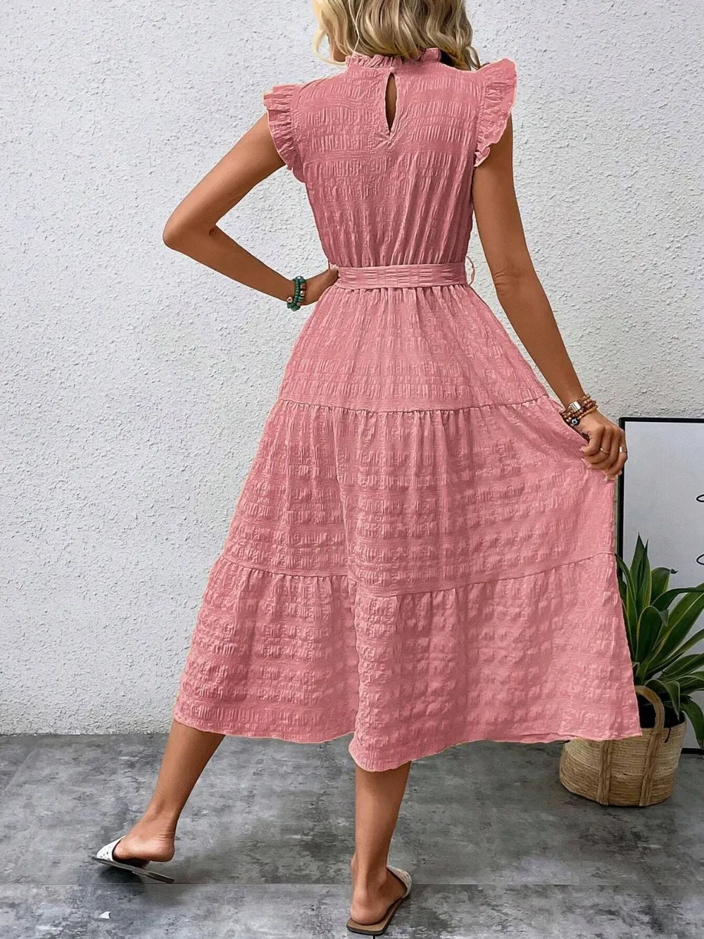 Tied Ruffled Cap Sleeve Midi Dress, image 7
