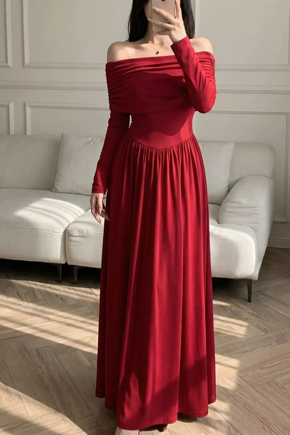 Off-Shoulder Ruched Bodycon Maxi Dress