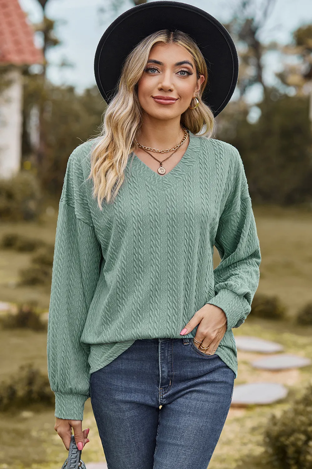 Textured V-Neck Dropped Shoulder T-Shirt, image 17