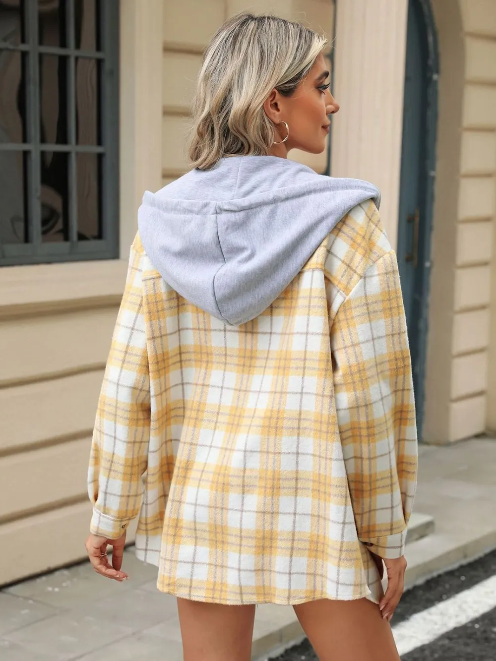 Drawstring Plaid Button Up Hooded Jacket, image 13
